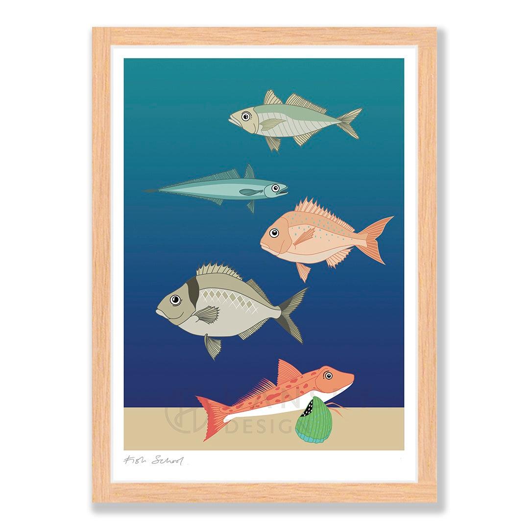 Fish School art print in natural frame, by NZ artist Hansby Design