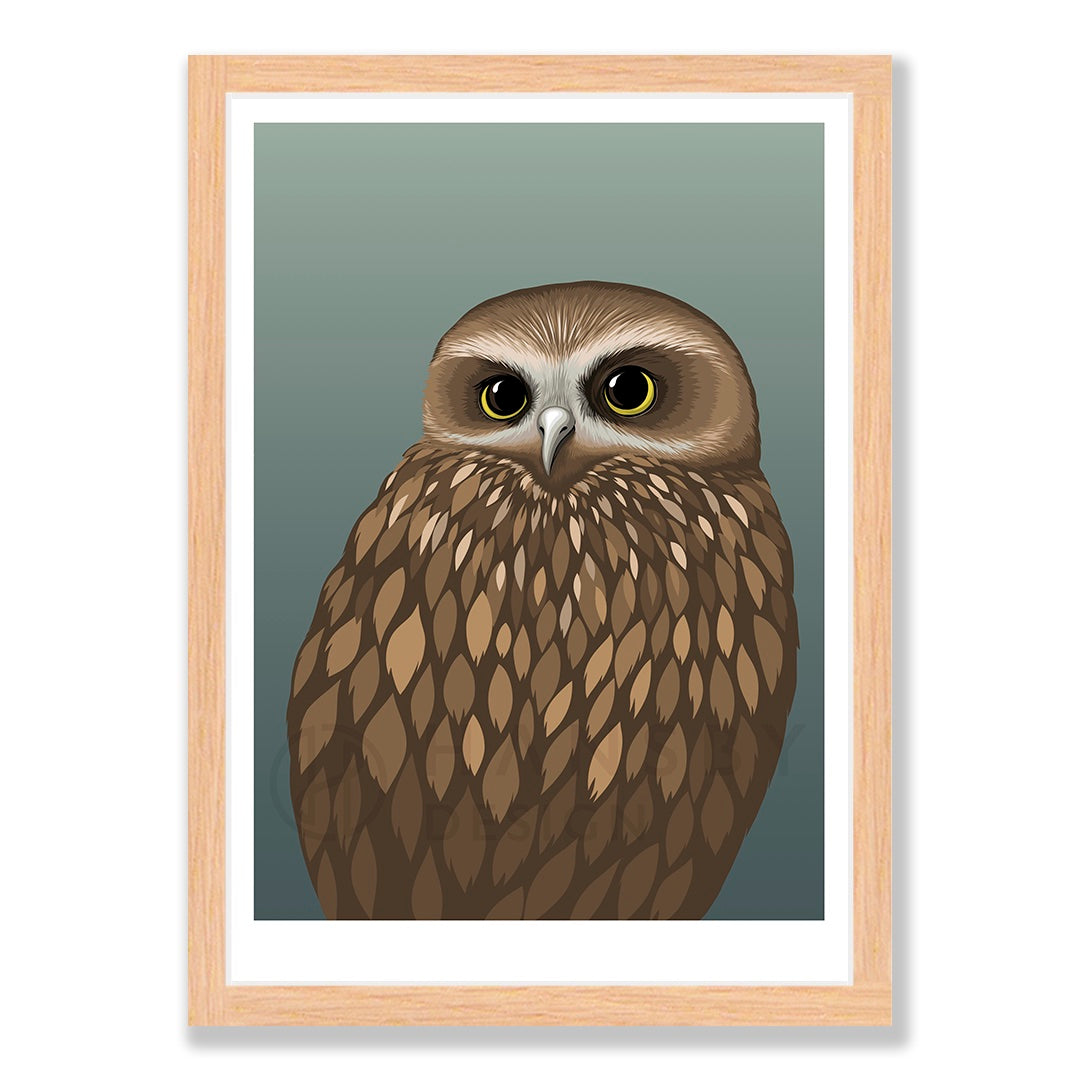 Morepork dusk art print in natural frame, by NZ artist Hansby Design