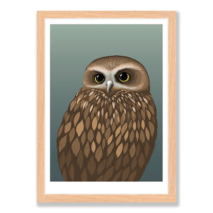 Morepork dusk art print in natural frame, by NZ artist Hansby Design