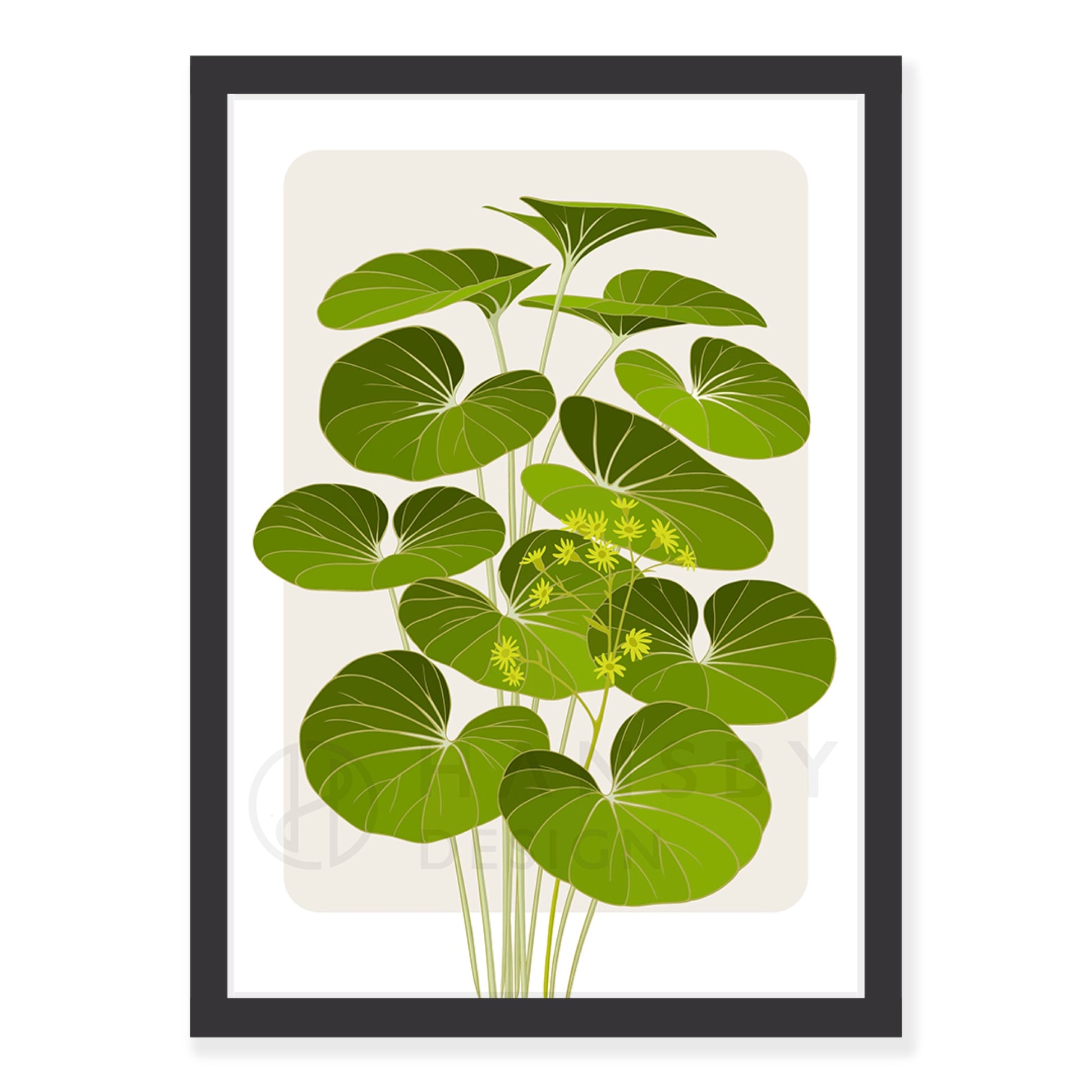 Tractor seat plant art print in black frame, by NZ artist Hansby Design