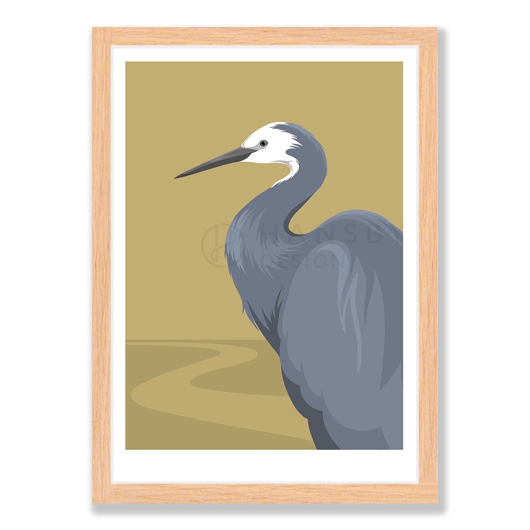 White Faced Heron art print in natural frame, by NZ artist Hansby Design