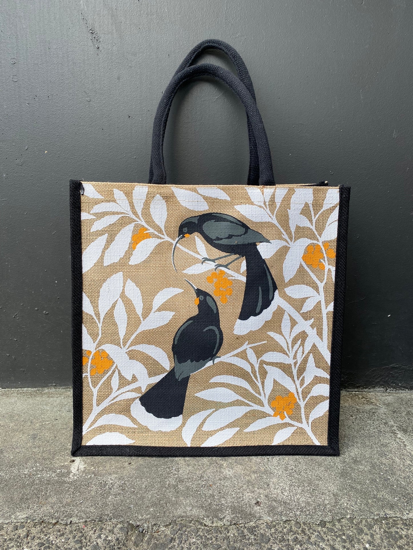 Huia print jute tote bag by Hansby Design, New Zealand artist