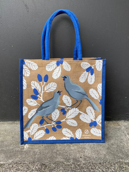 Kokako print jute tote bag by Hansby Design, New Zealand artist