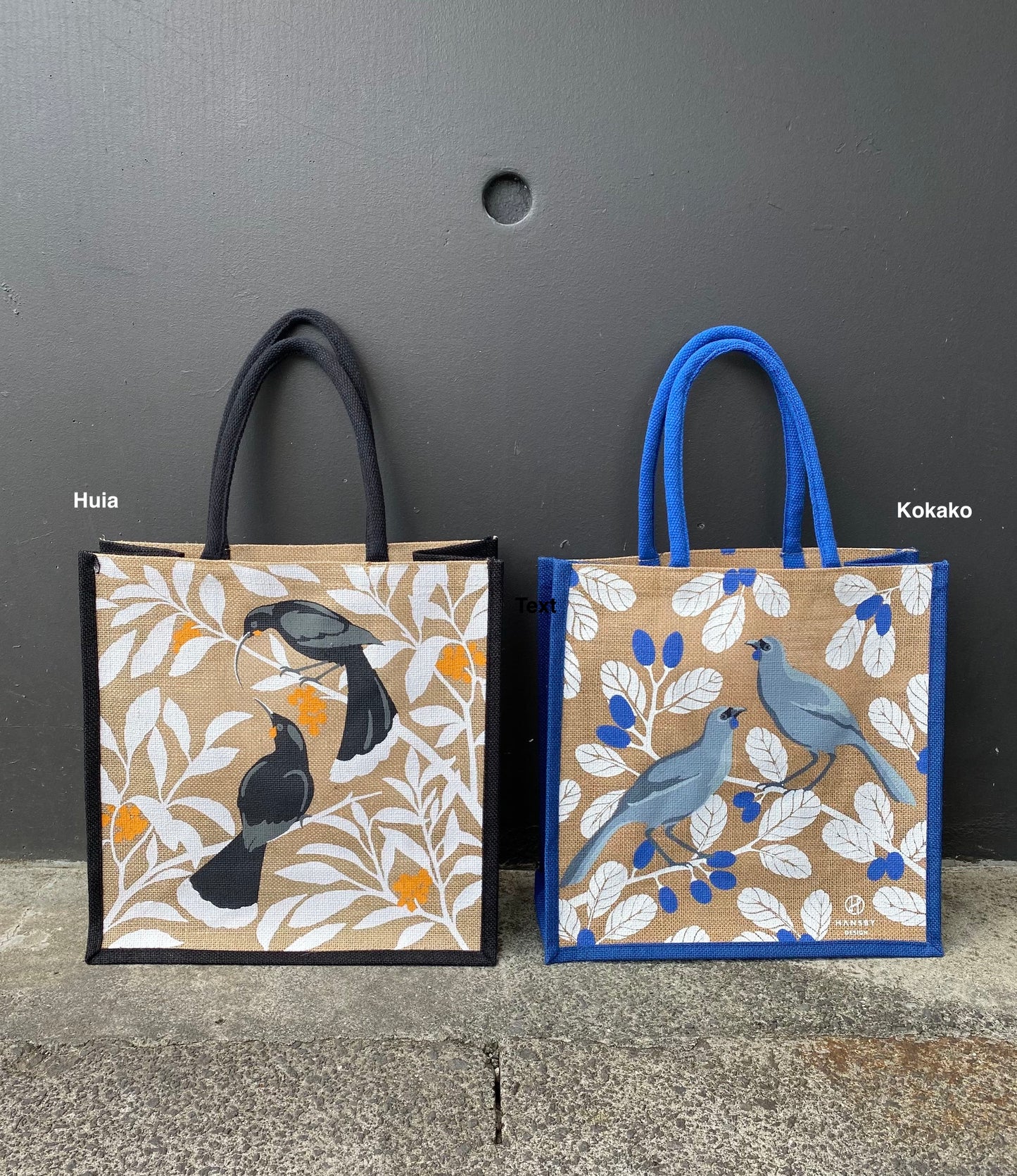Huia and Kokako design jute bags by Hansby Design, New Zealand artist