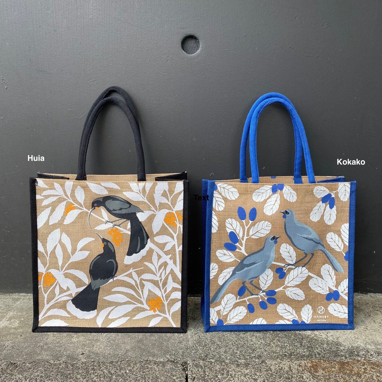 Huia and Kokako jute bags by Hansby Design, New Zealand