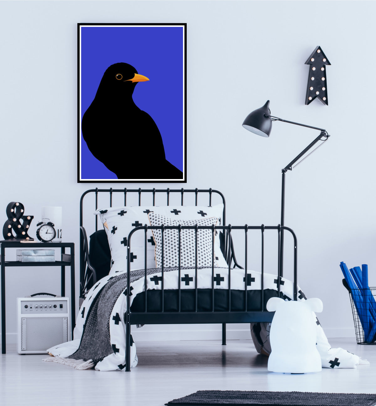 Framed art print of the Blackbird, New Zealand garden bird by Hansby Design, in minimal modern style