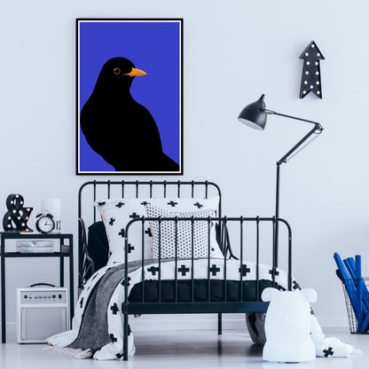 Framed art print of the Blackbird, New Zealand garden bird by Hansby Design, in minimal modern style