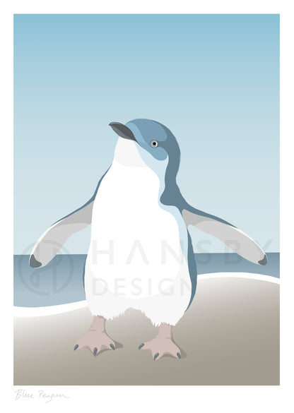 Blue Penguin art print in white frame, by NZ artist Hansby Design
