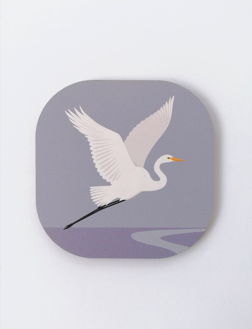 White Heron Kotuku flying, wooden coaster by Hansby Design, New Zealand