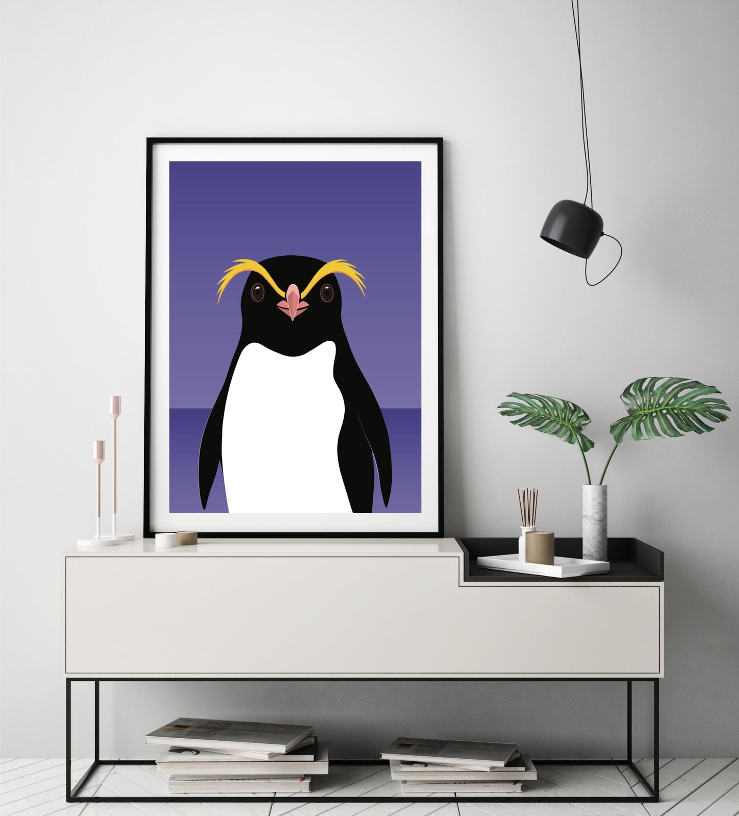 Framed Art print of the Crested Penguin of New Zealand, by Hansby Design