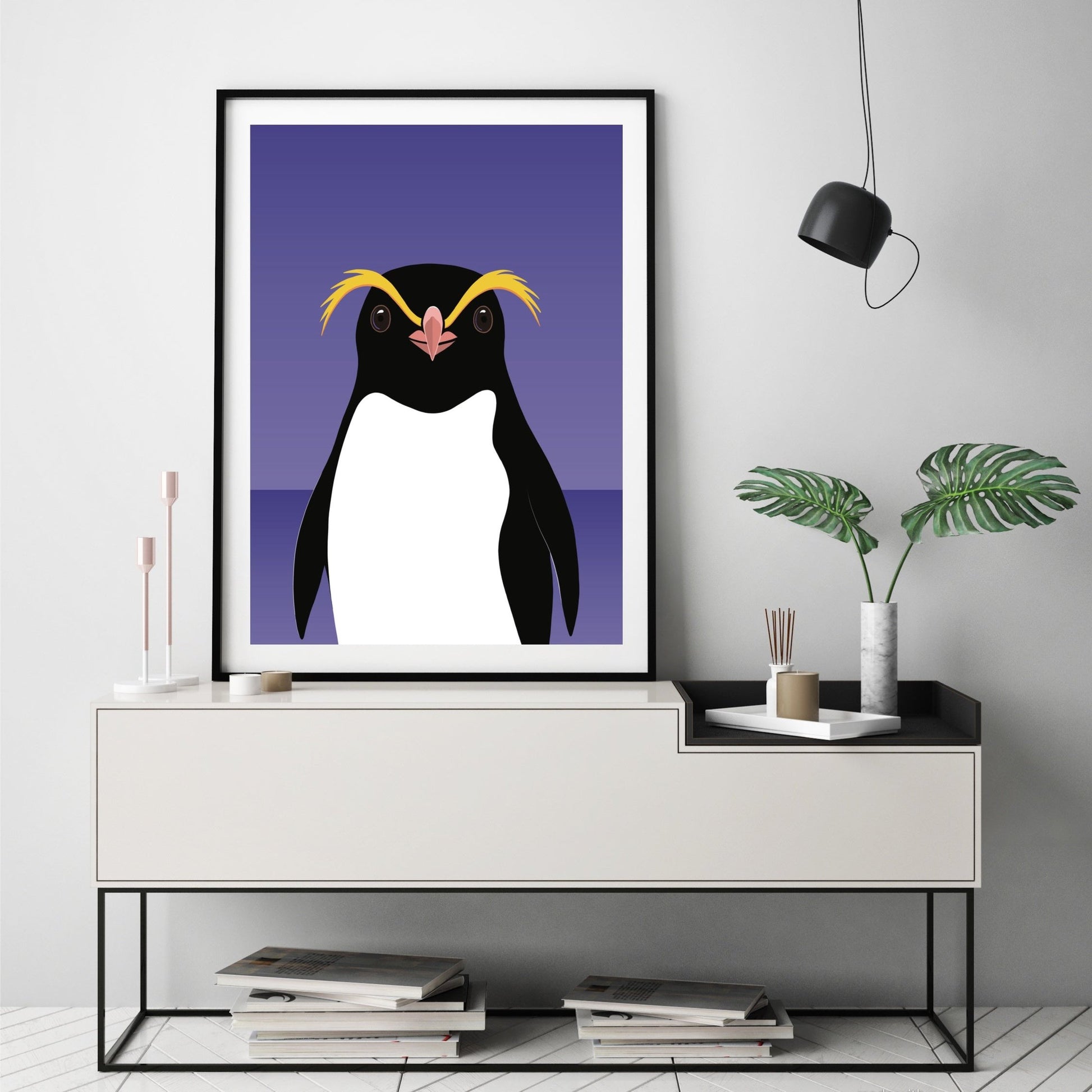 Framed Art print of the Crested Penguin of New Zealand, by Hansby Design