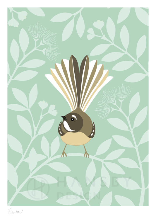 Art print of the Fantail bird in eggshell, by Hansby Design New Zealand