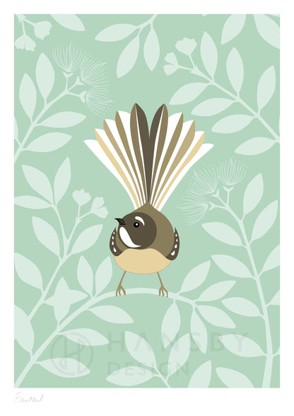 Art print of the Fantail bird in eggshell, by Hansby Design New Zealand