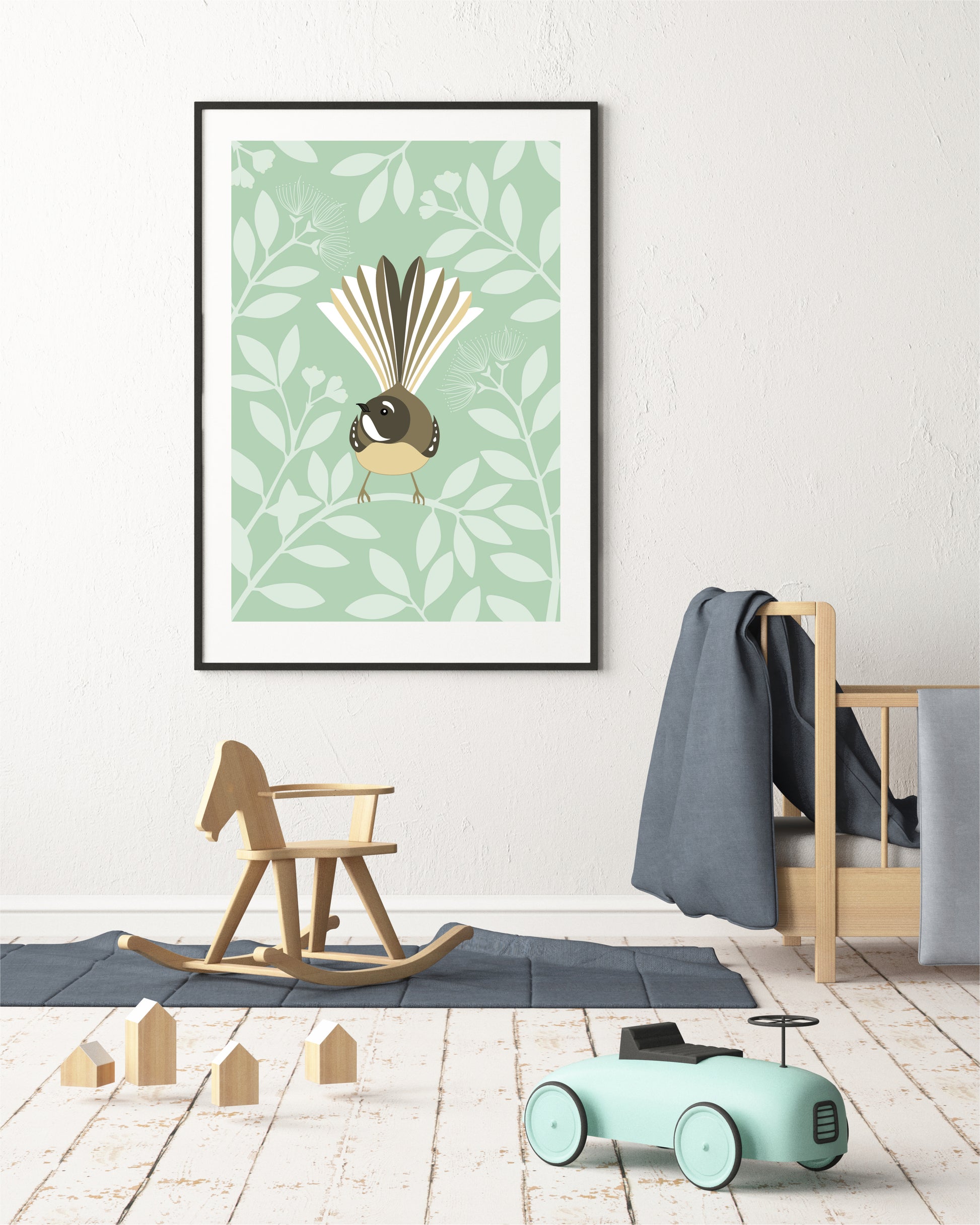 Framed art print of the Fantail bird of New Zealand by Hansby Design 