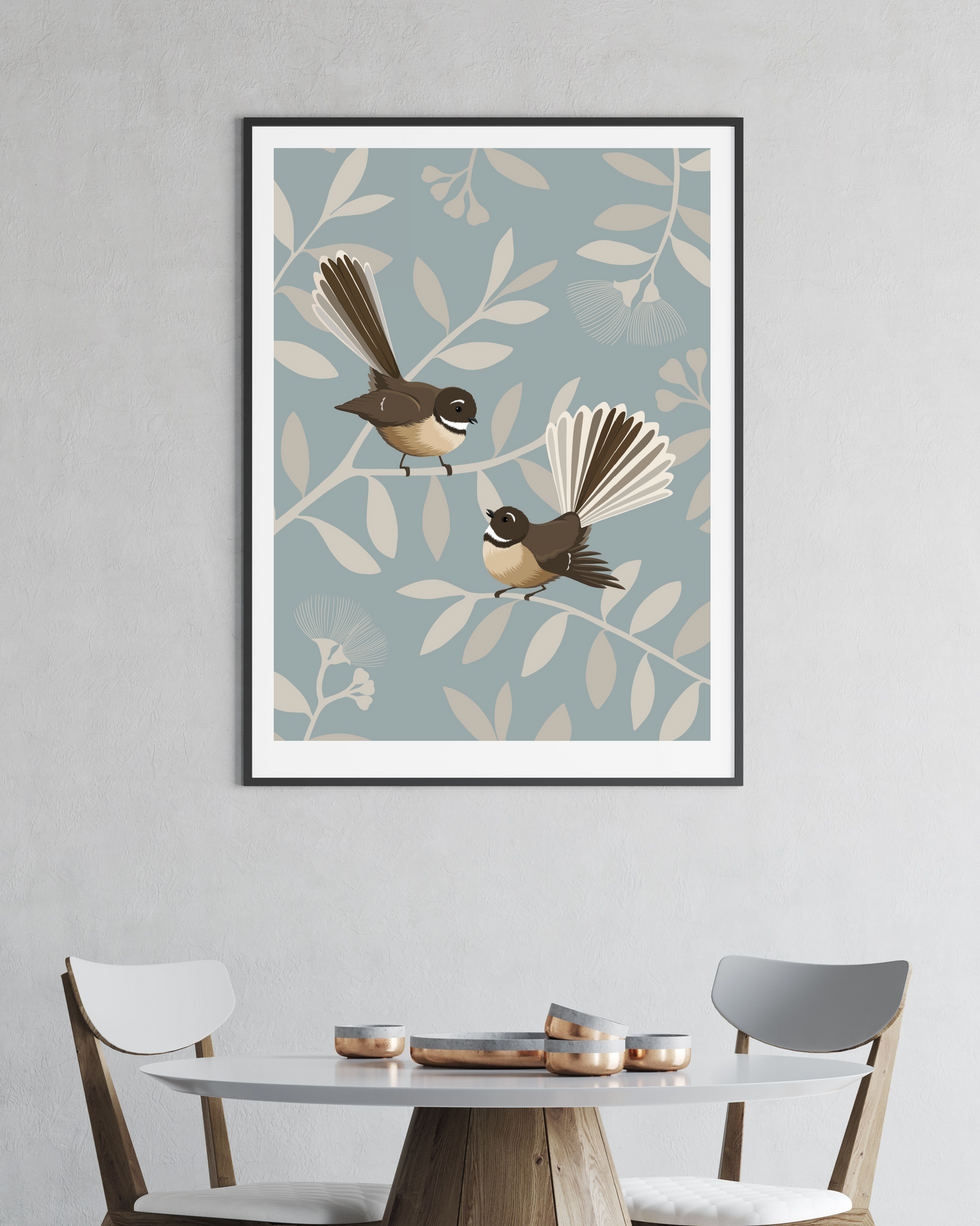 Lifestyle image of the Fantail Pair / Pīwakawaka  art print, by NZ artist Hansby Design