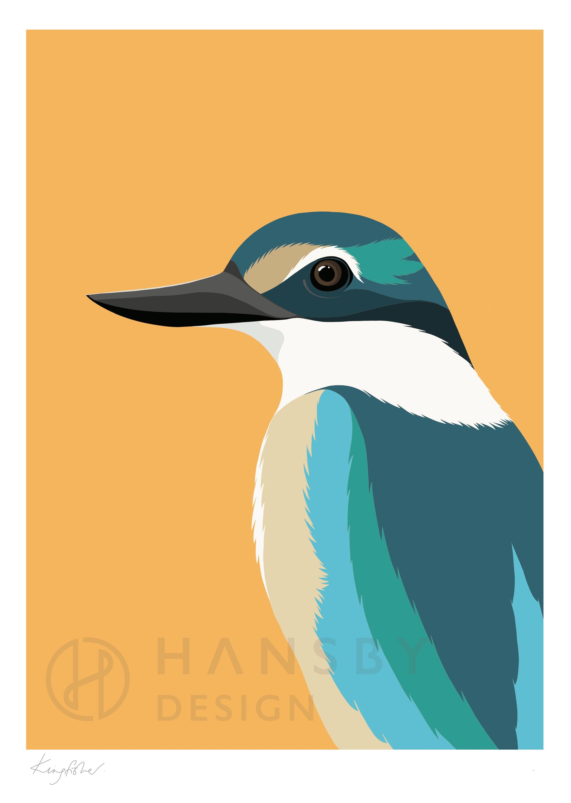 Art print of the Kingfisher bird by Hansby Design, New Zealand