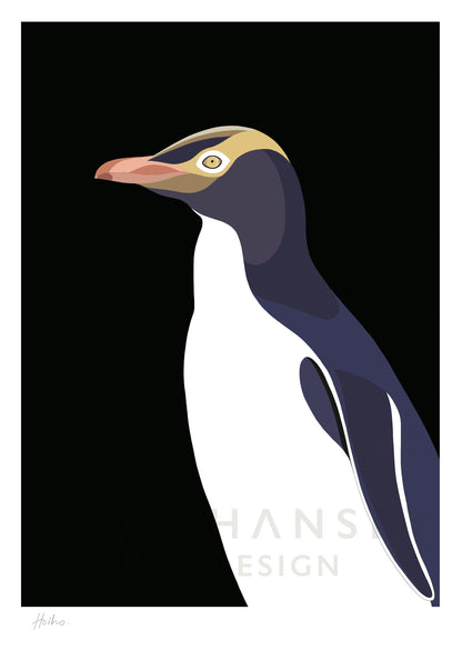 Fine art print of the Hoiho, Yellow Eyed Penguin of New Zealand, by Hansby Design 