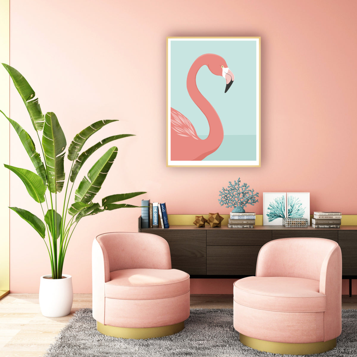 Framed art print of the Flamingo by Hansby Design, New Zealand artist 