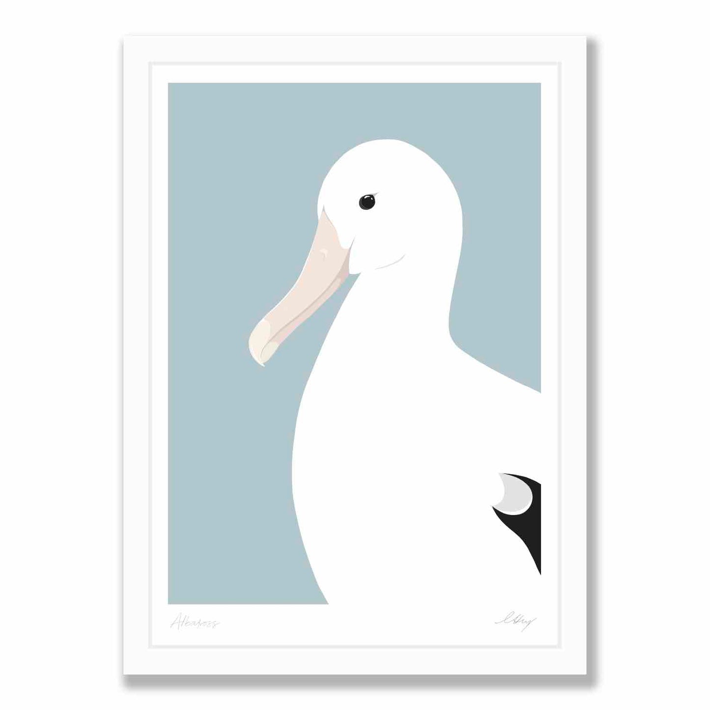 Royal Albatross art print in white frame, by NZ artist Hansby Design