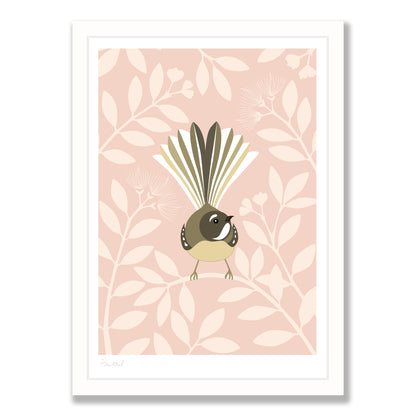 Fantail Blush art print in white frame, by NZ artist Hansby Design
