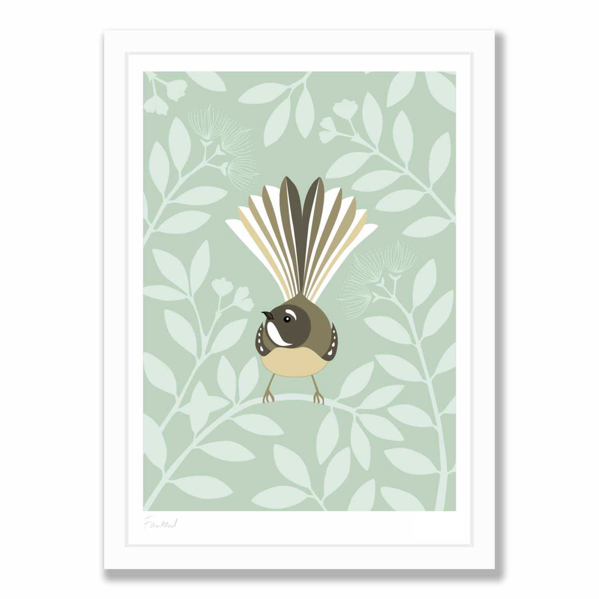 Fantail Eggshell art print in white frame, by NZ artist Hansby Design