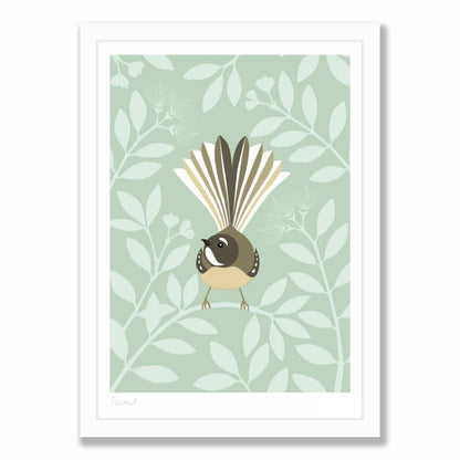 Fantail Eggshell art print in white frame, by NZ artist Hansby Design