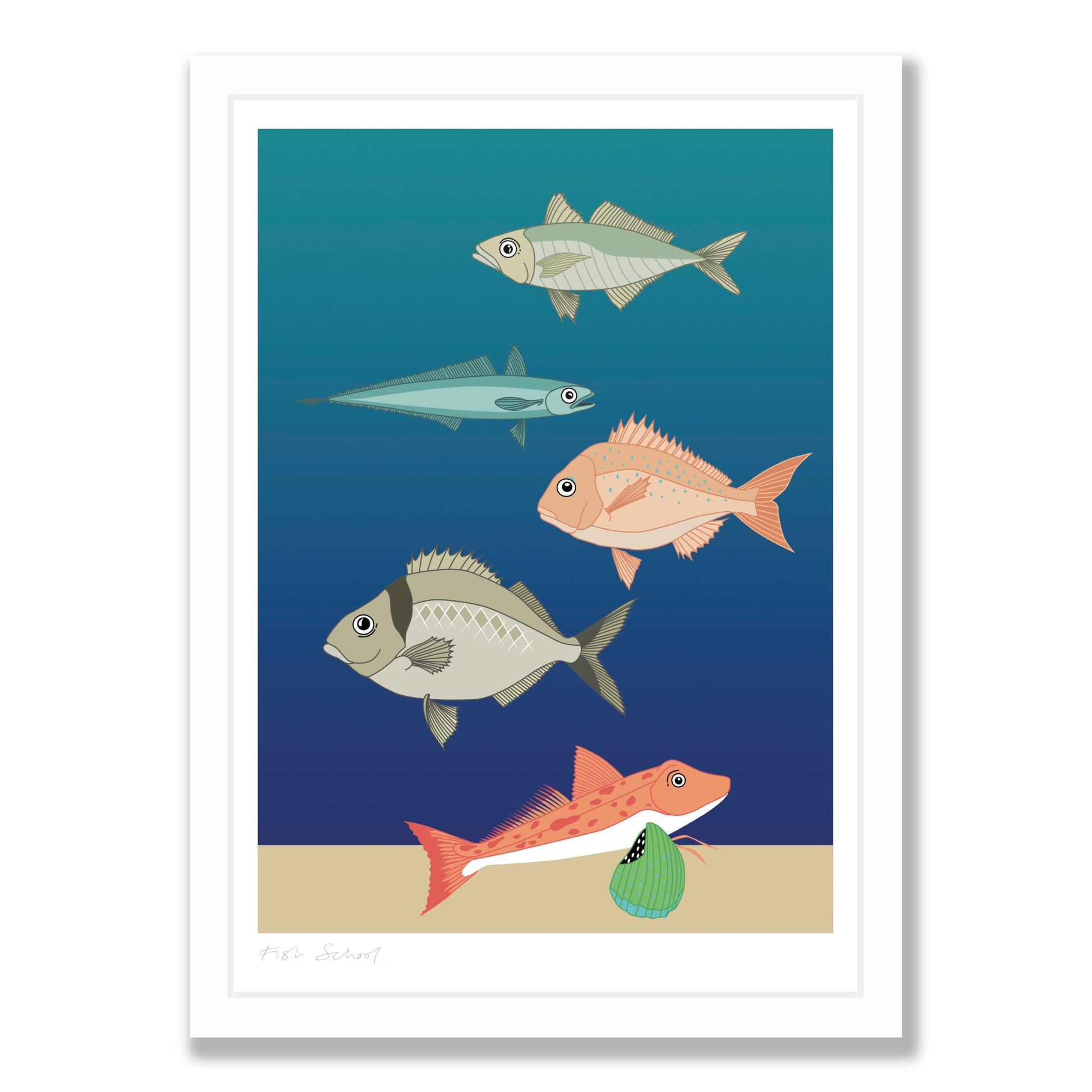Fish School art print in white frame, by NZ artist Hansby Design