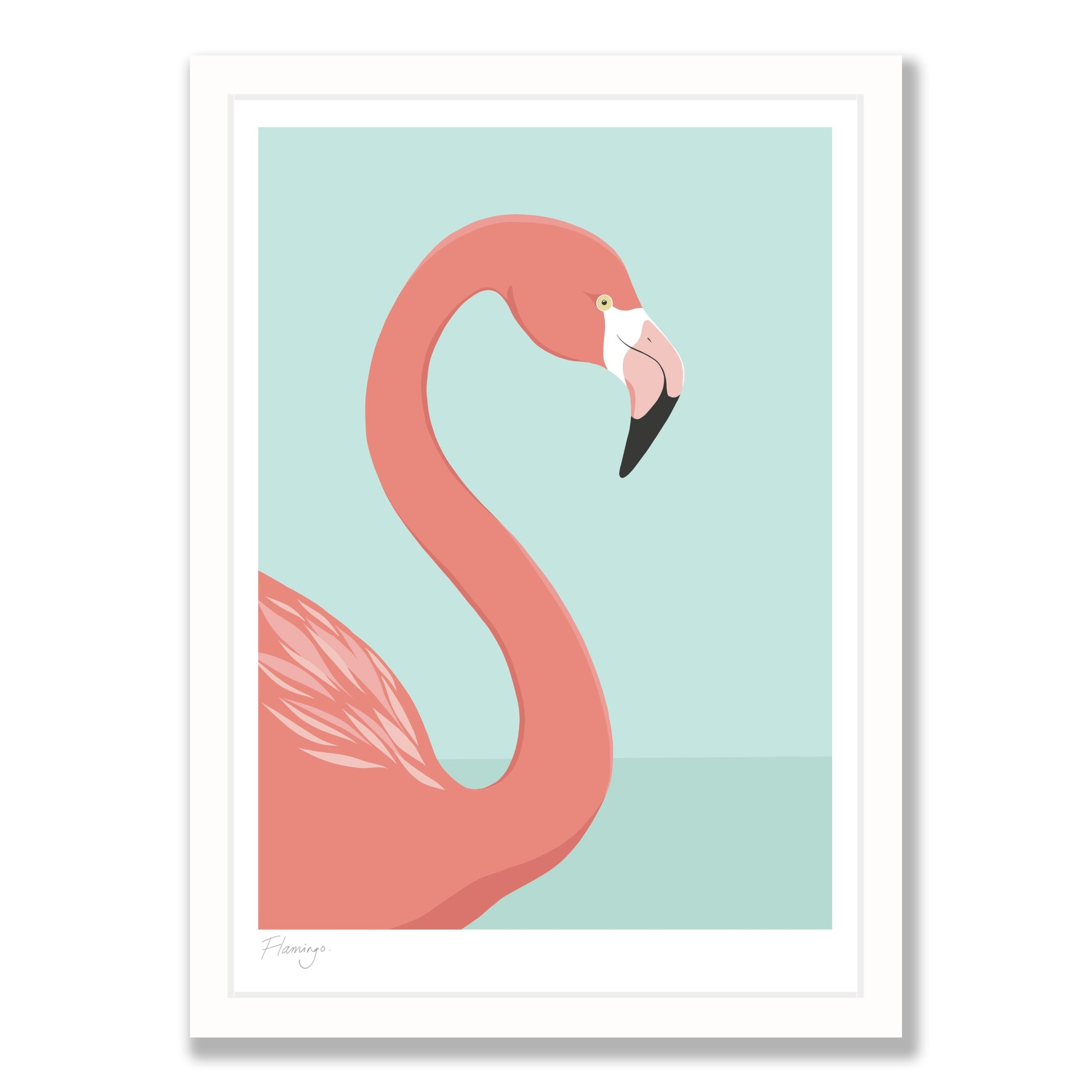 Flamingo art print in white frame, by NZ artist Hansby Design