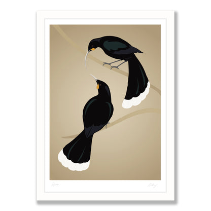 Huia pair art print in white frame, by NZ artist Hansby Design