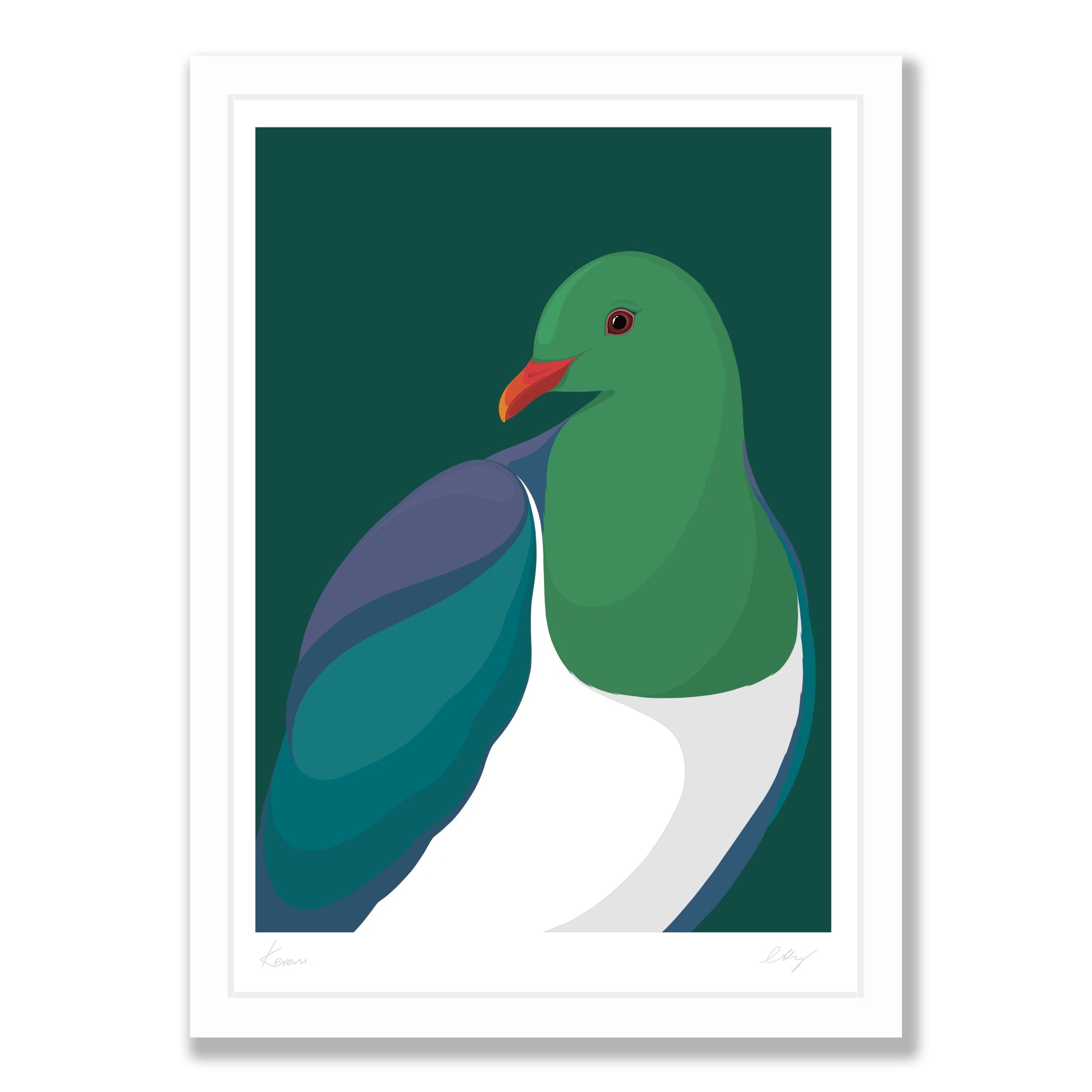 Kereru Jewel art print in white frame, by NZ artist Hansby Design