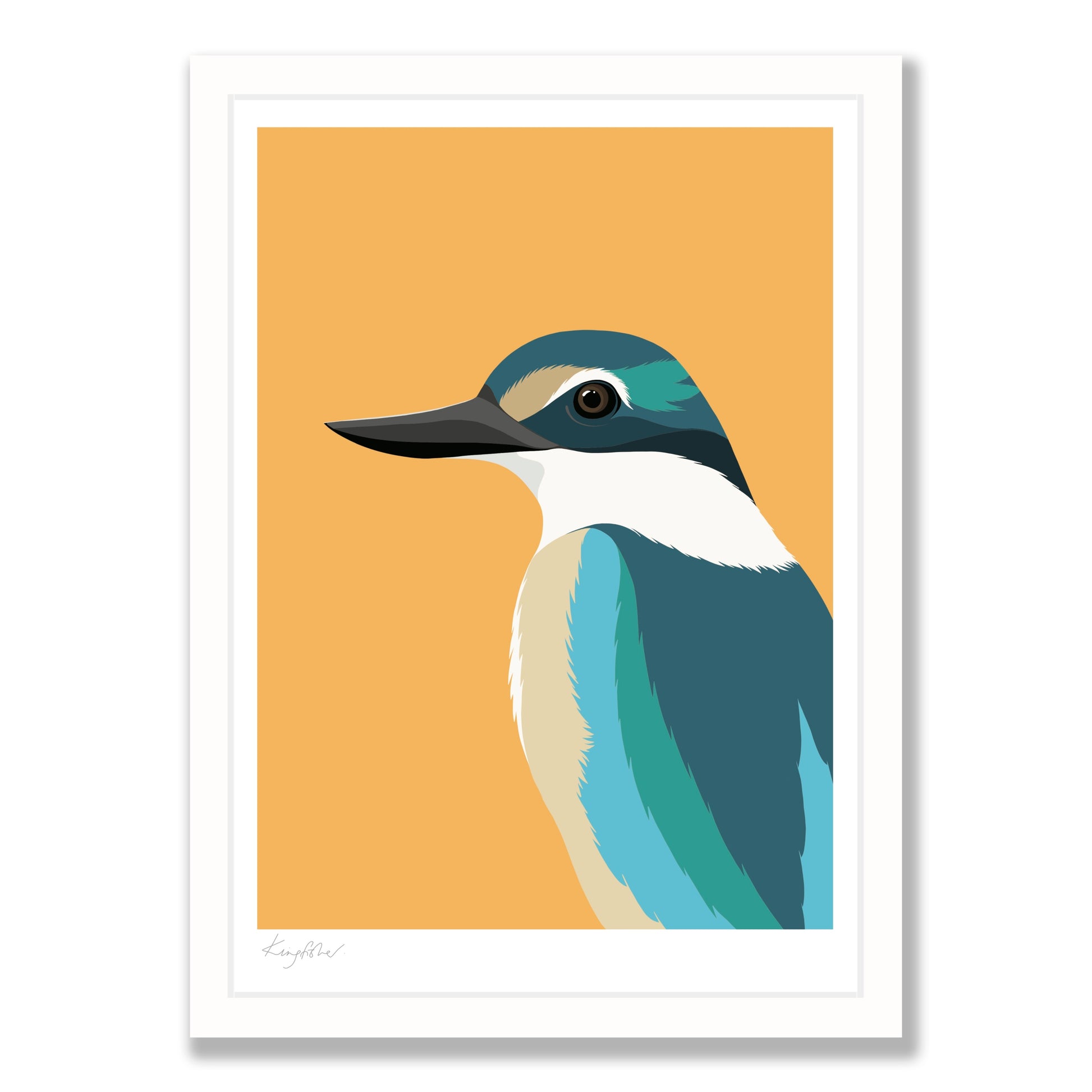 Kingfisher art print in white frame, by NZ artist Hansby Design