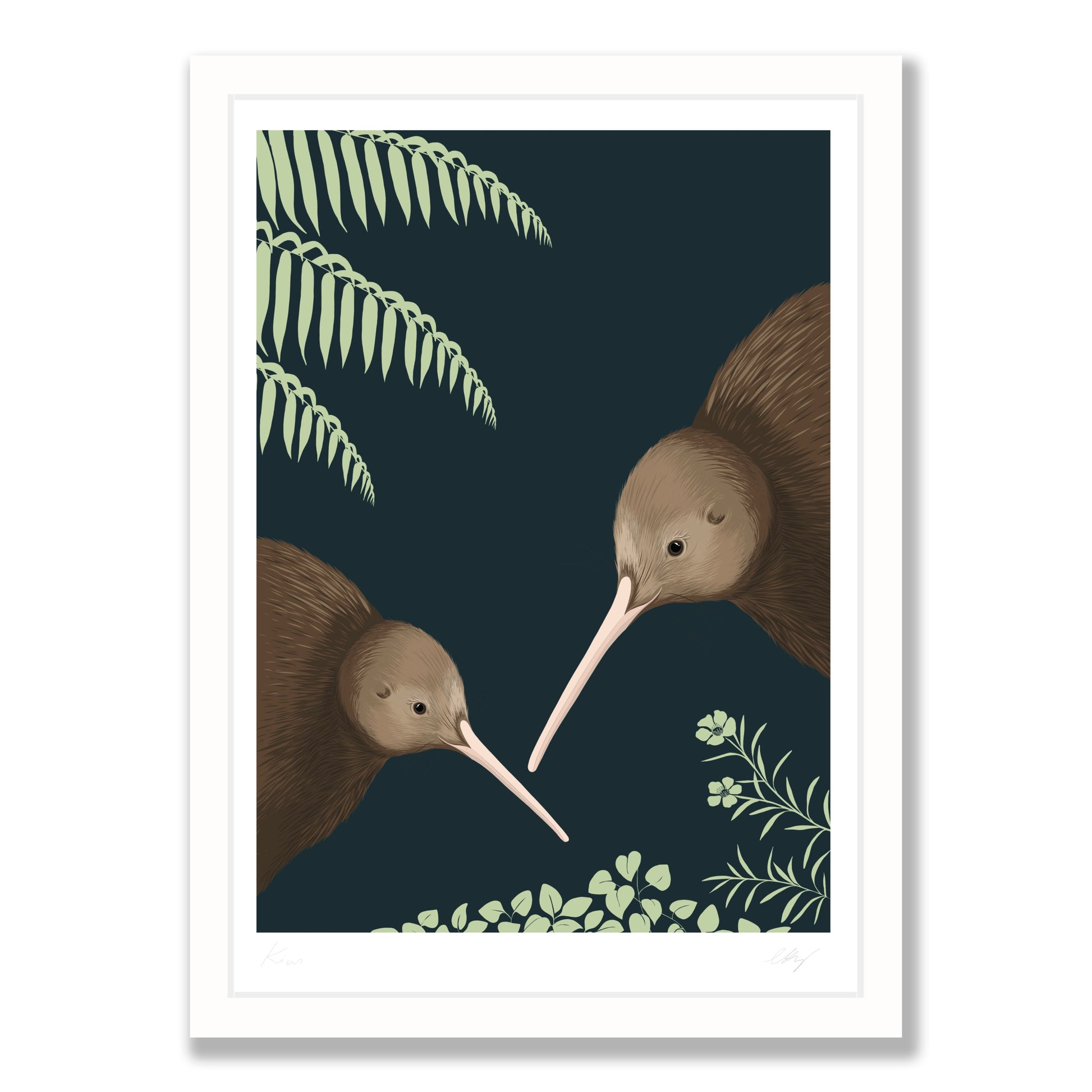 Kiwi pair art print in white frame, by NZ artist Hansby Design