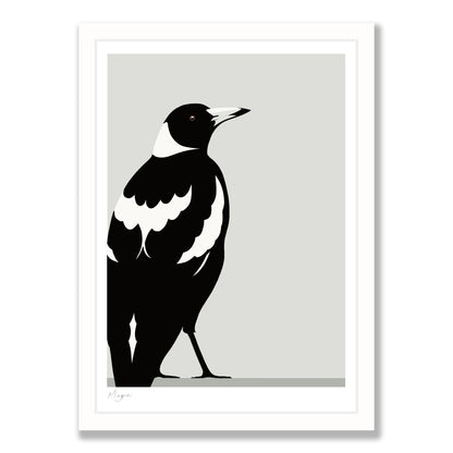 Magpie bird art print in white frame, by NZ artist Hansby Design