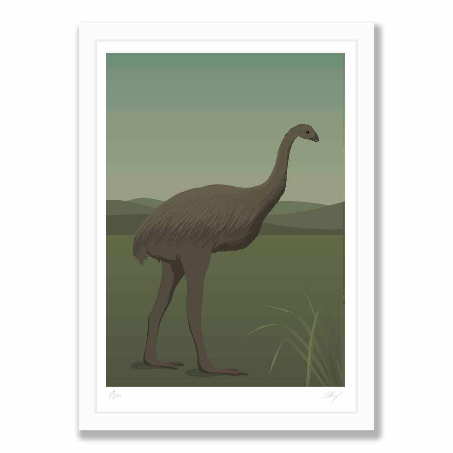 Moa bird art print in white frame, by NZ artist Hansby Design