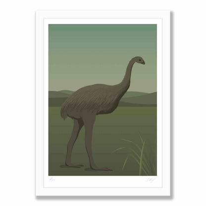 Moa bird art print in white frame, by NZ artist Hansby Design