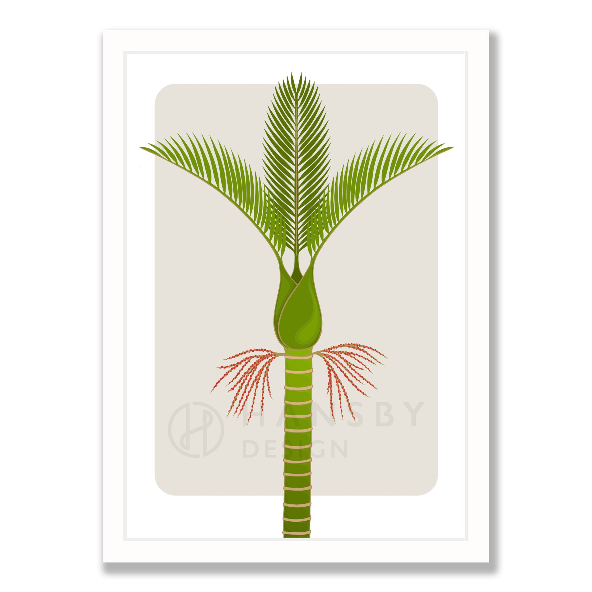 Nikau art print in white frame, by NZ artist Hansby Design