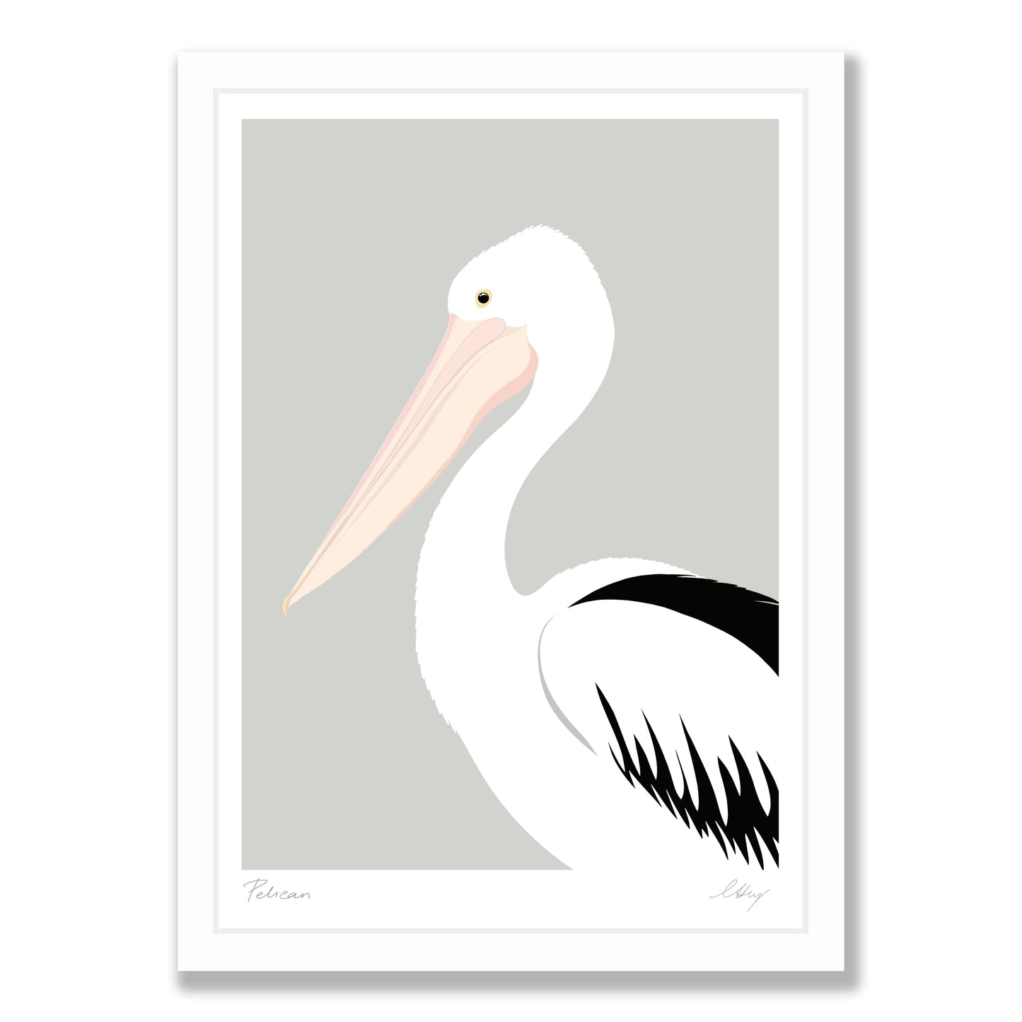 Australian Pelican art print in white frame, by NZ artist Hansby Design