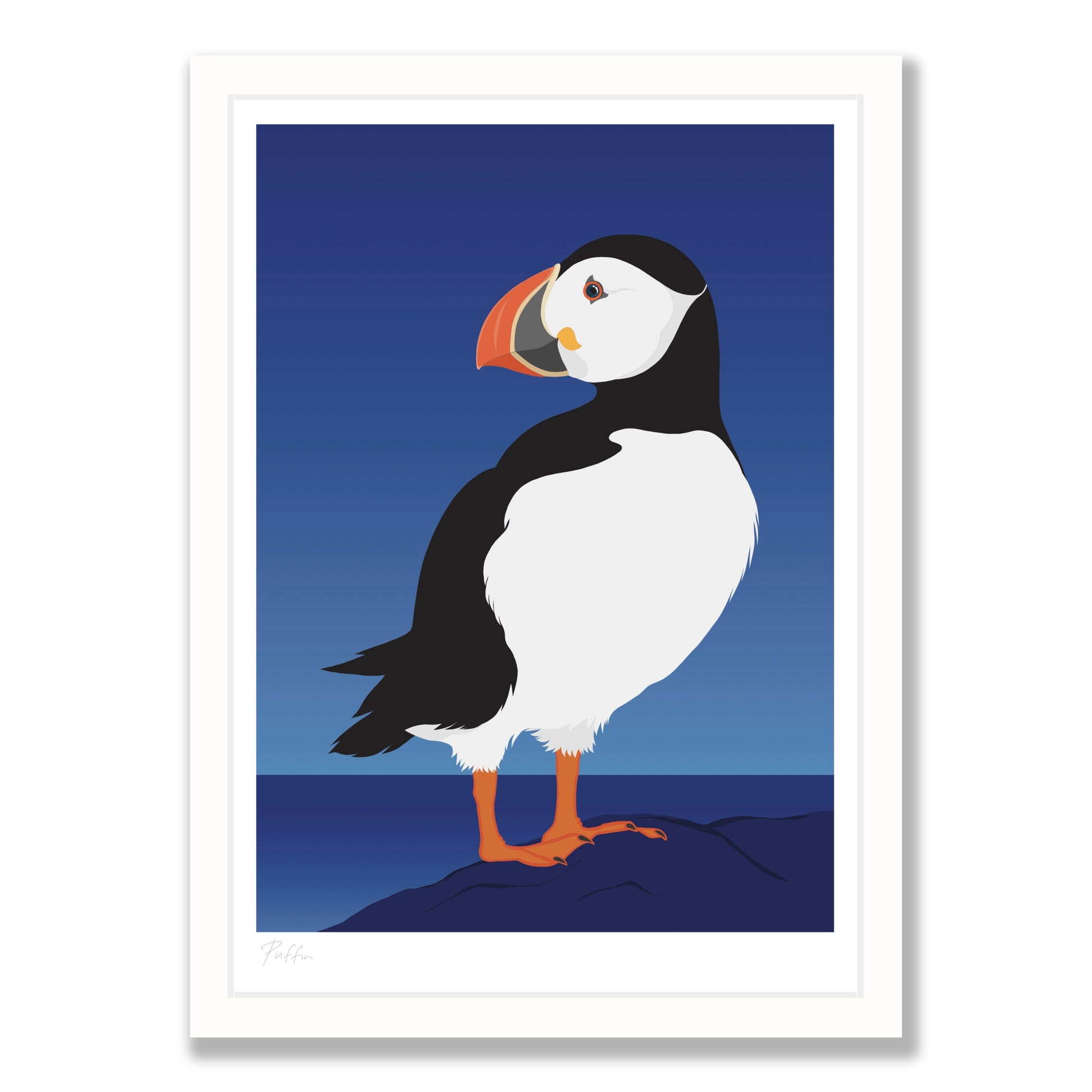Puffin bird art print in white frame, by NZ artist Hansby Design