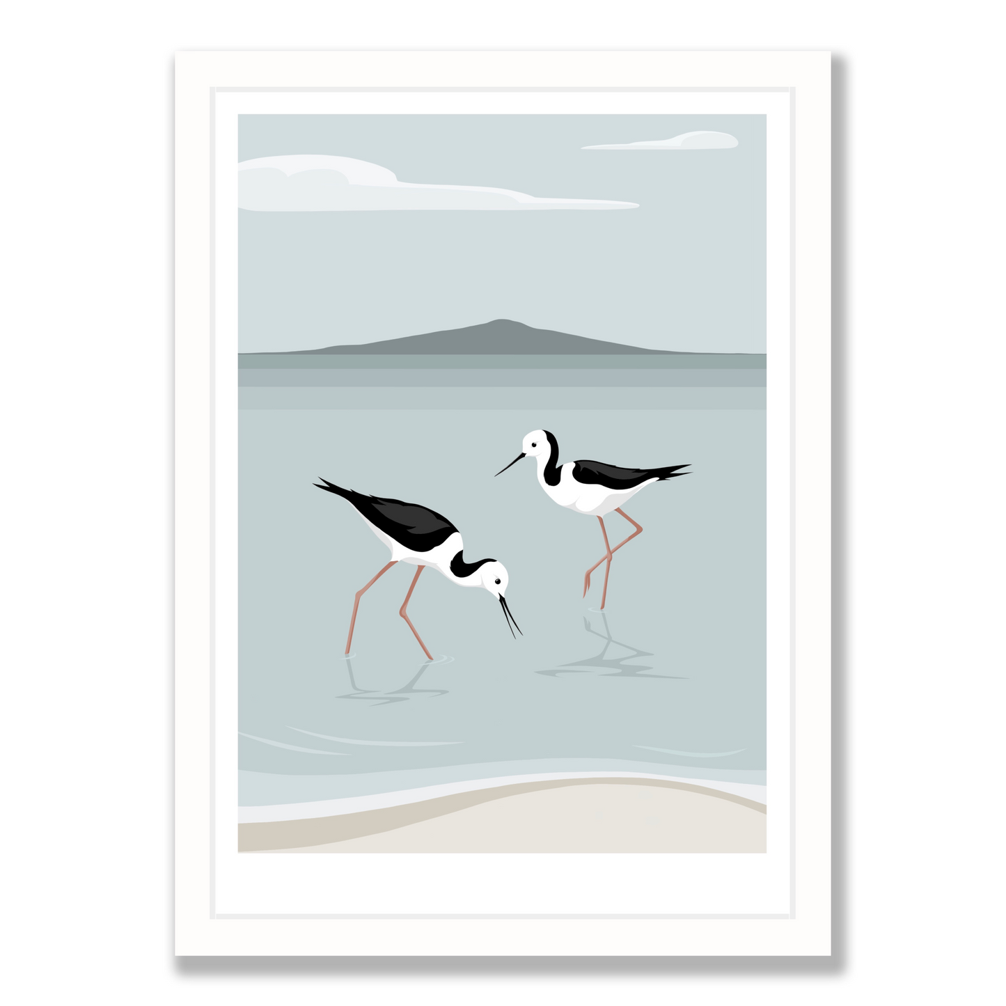 Rangitoto Stilts art print in white frame, by NZ artist Hansby Design
