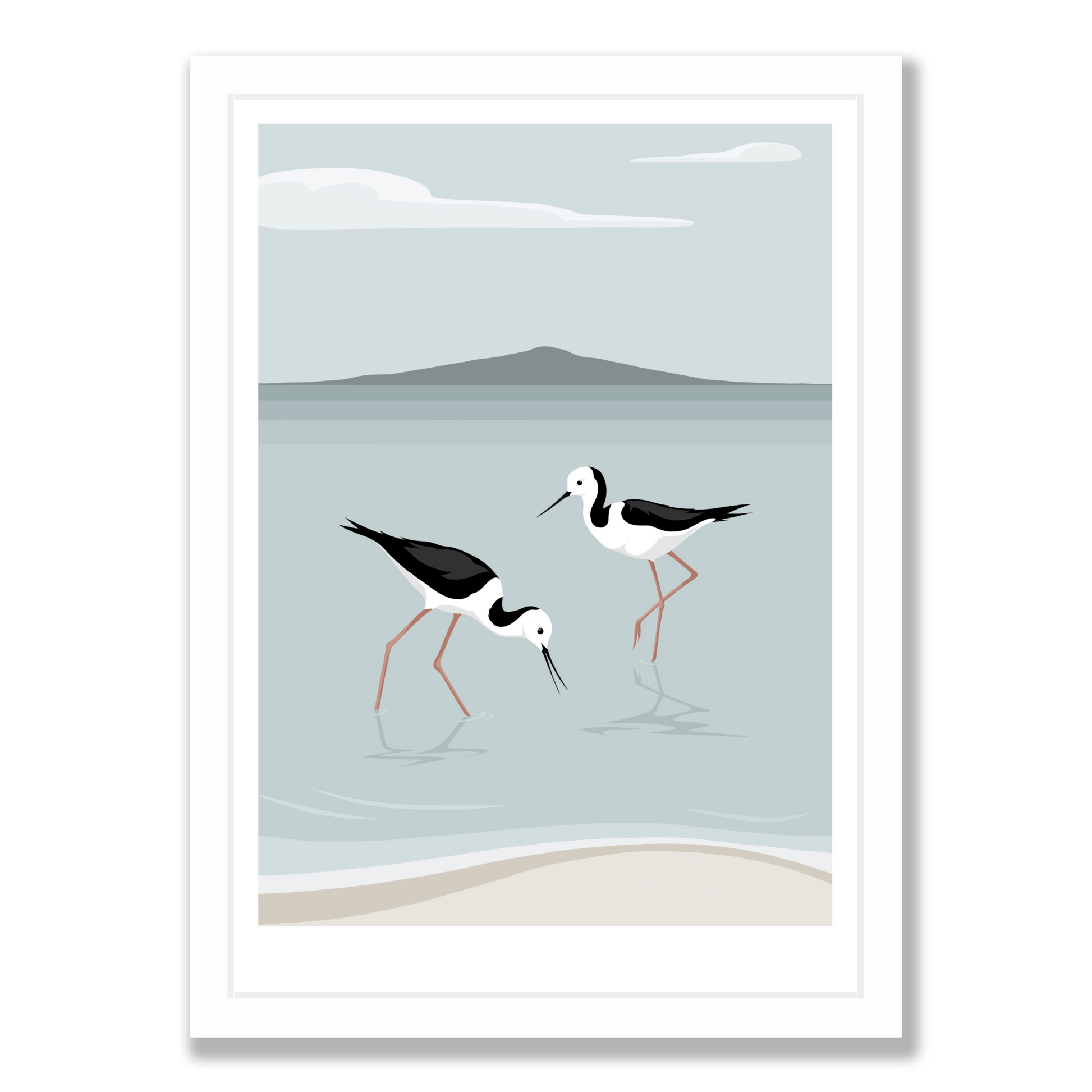 Rangitoto Stilts art print in white frame, by NZ artist Hansby Design