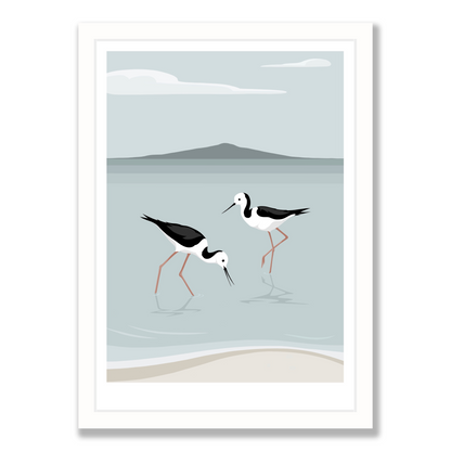 Rangitoto Stilts art print in white frame, by NZ artist Hansby Design