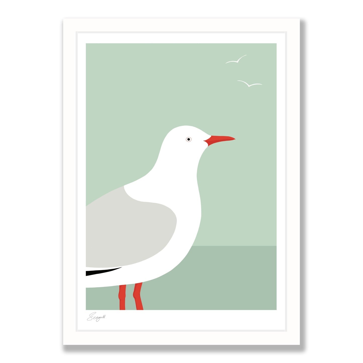 Seagull art print in white frame, by NZ artist Hansby Design