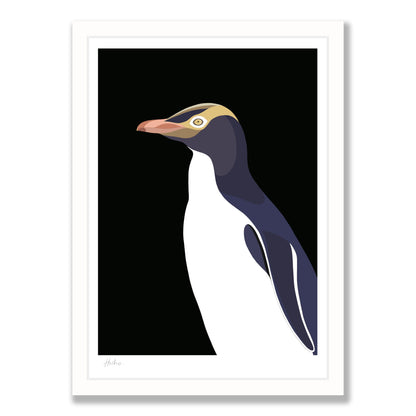 Yellow Eyed Penguin art print in white frame, by NZ artist Hansby Design