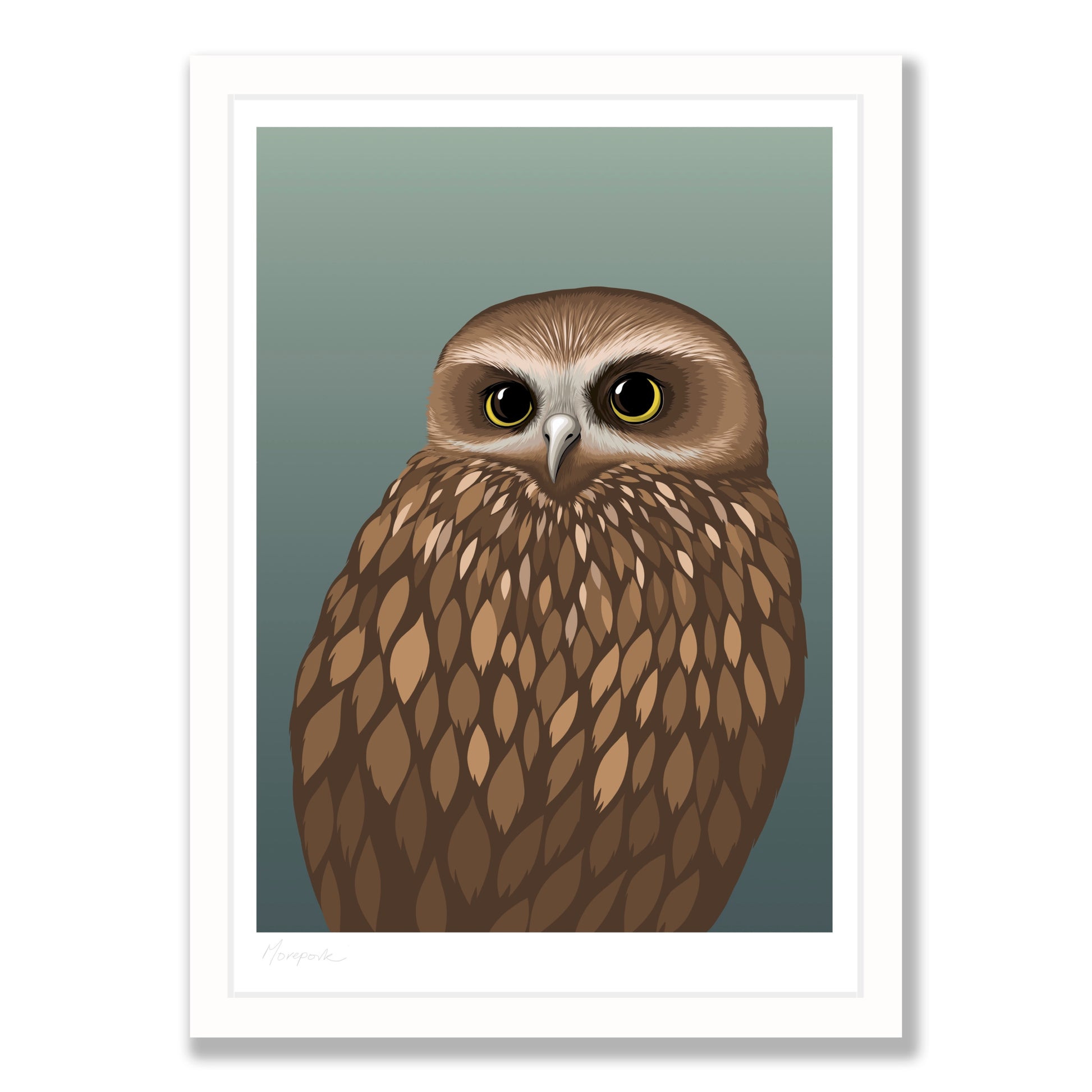 Morepork dusk art print in white frame, by NZ artist Hansby Design	