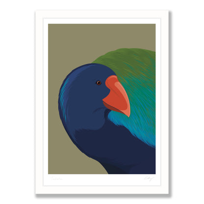 Takahe bird art print in white frame, by NZ artist Hansby Design