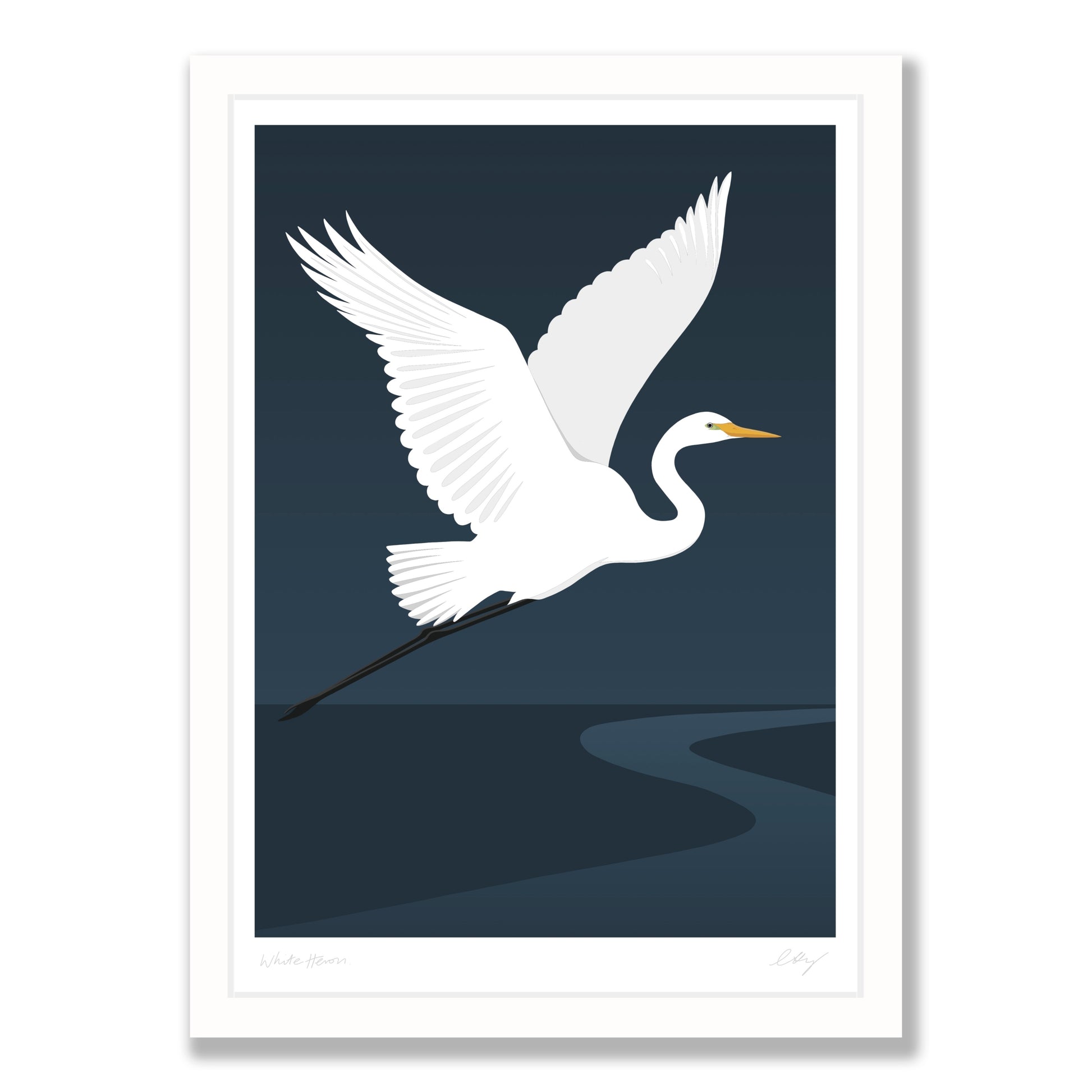 White Heron art print in white frame, by NZ artist Hansby Design