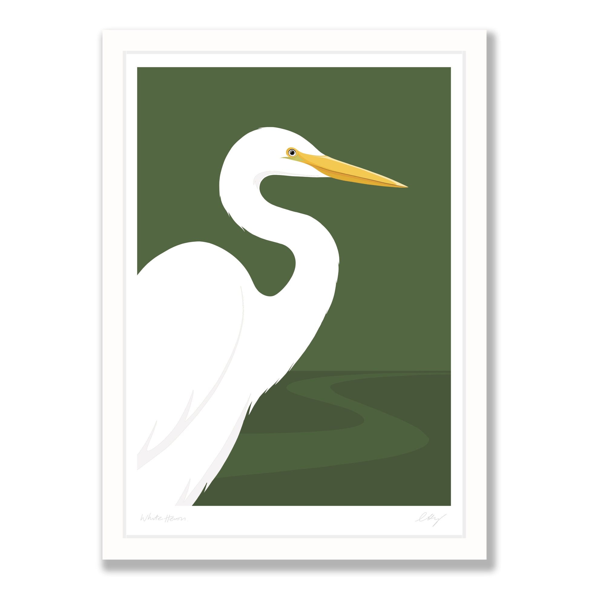 White Heron art print in natural frame, by NZ artist Hansby Design