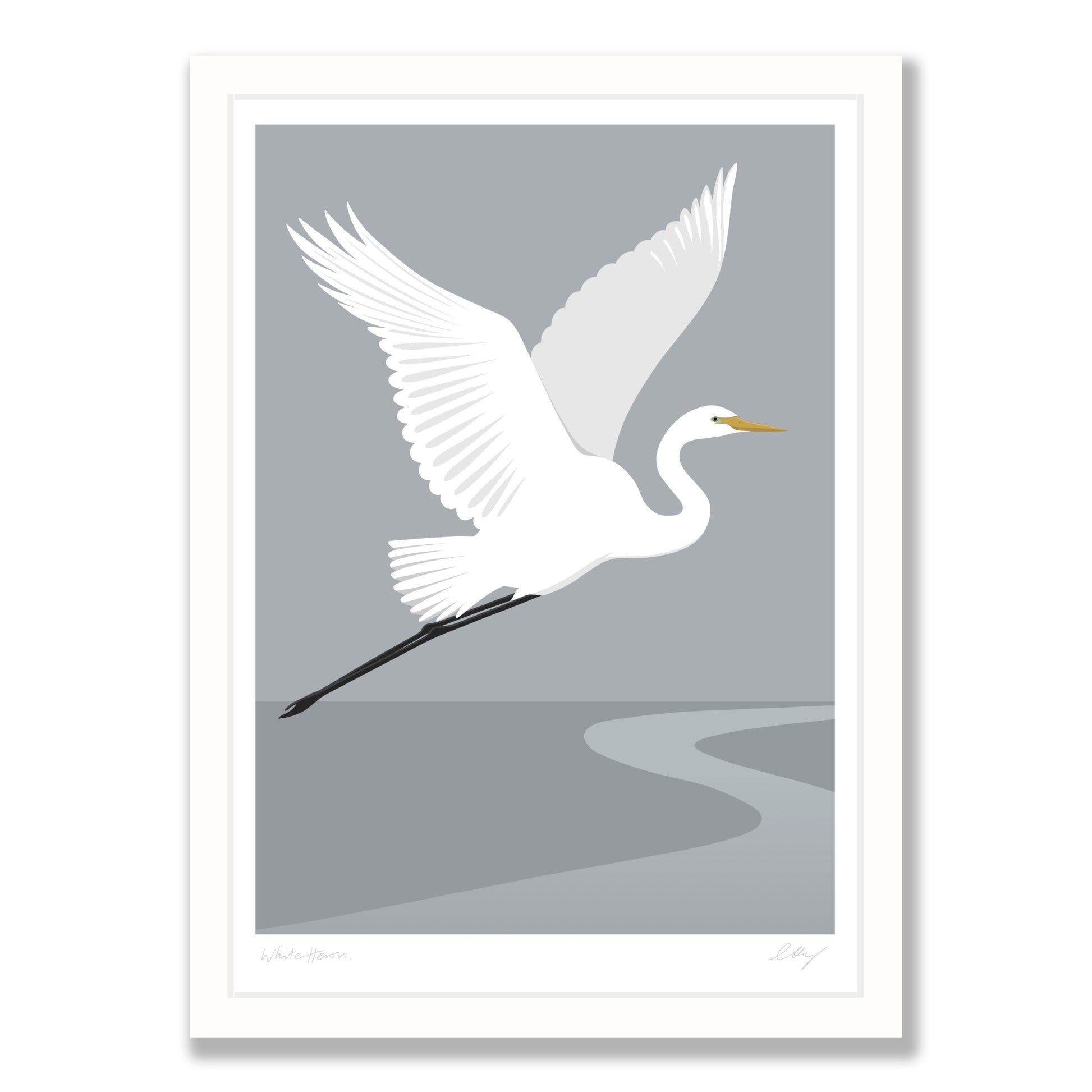 White Heron - fog art print in white frame, by NZ artist Hansby Design