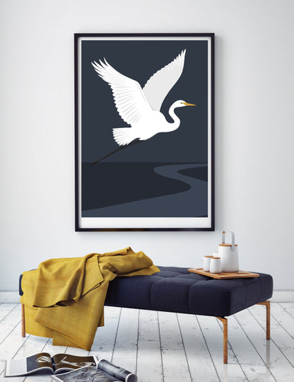 Framed White Heron fine art print by artist Hansby Design, New Zealand
