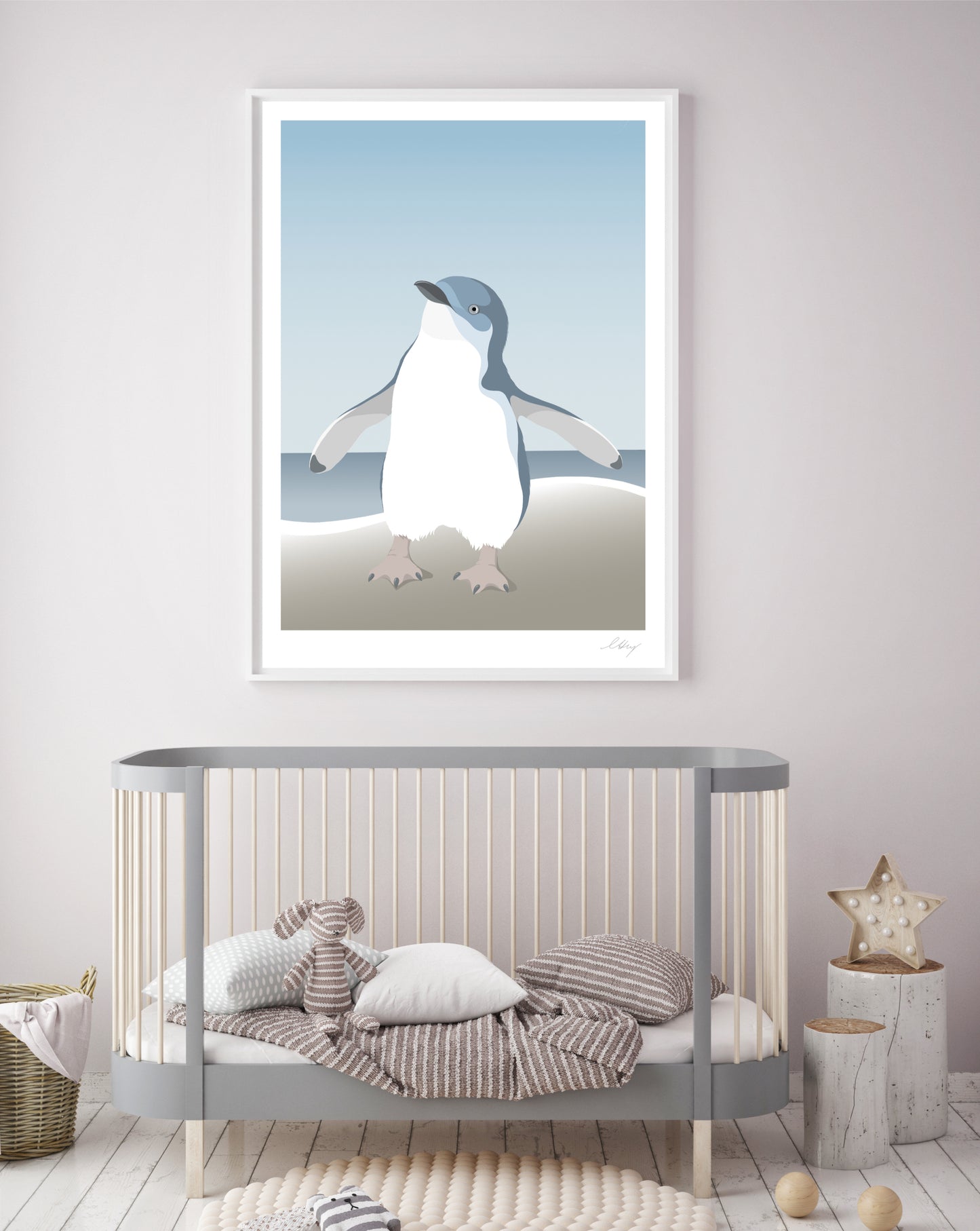 Framed art print of the Blue Penguin or Fairy Penguin for a baby nursery, by New Zealand artist Hansby Design